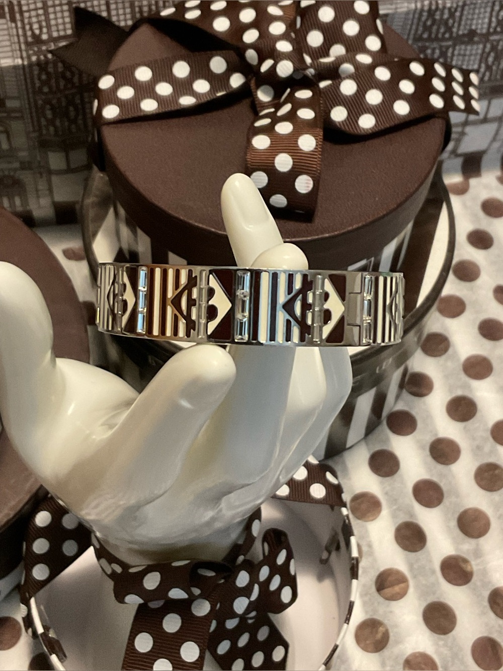 Henri Bendel Geo Monogram Enamel & Crystal Hinged Cuff